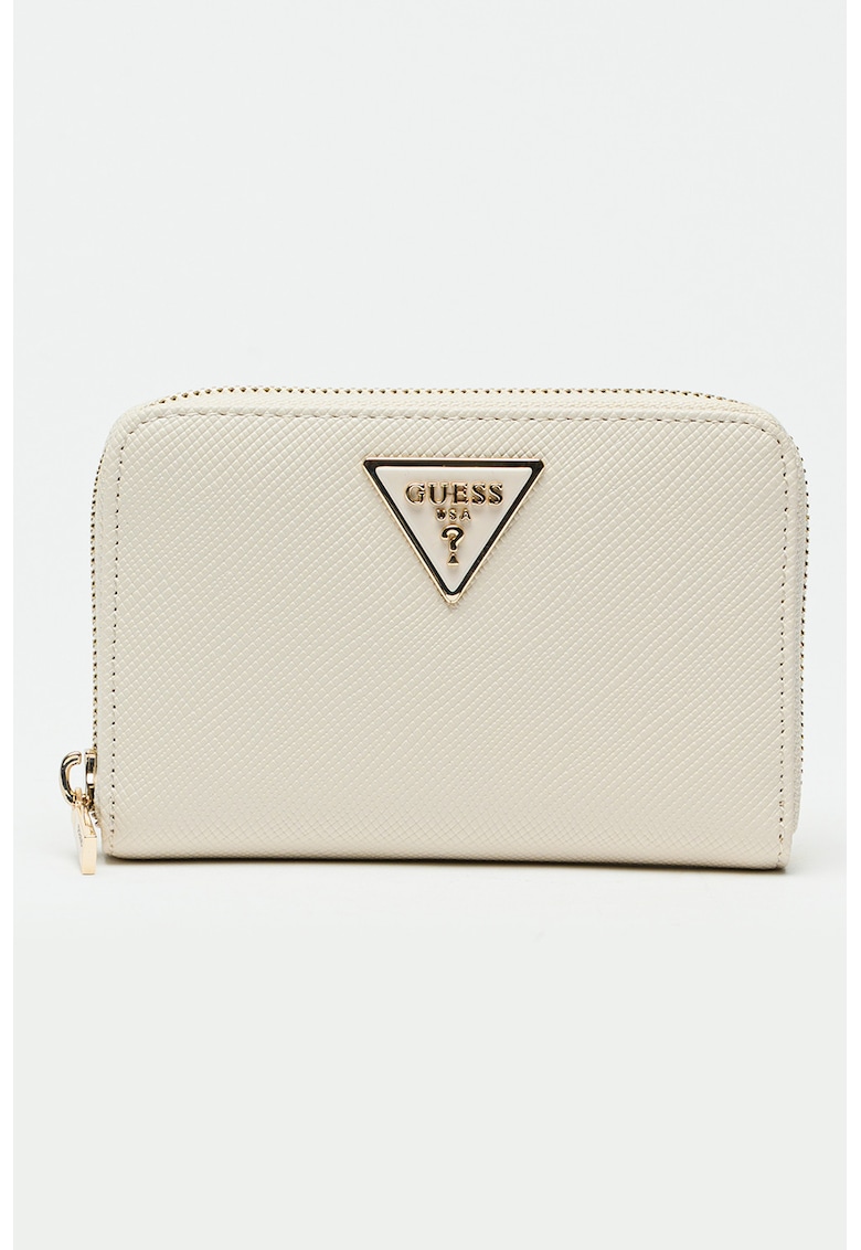 Portofel din piele ecologica saffiano cu logo metalic - Alb murdar