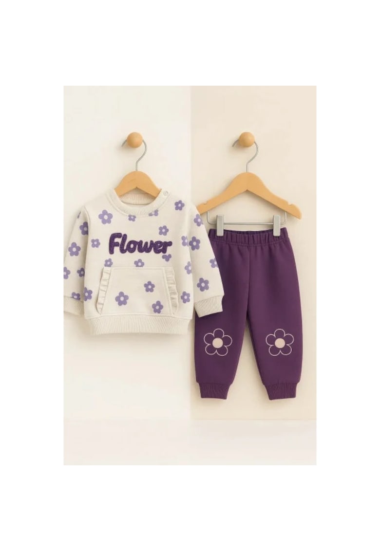 Set bluzita si pantaloni flower 2 piese - crem mov - Multicolor