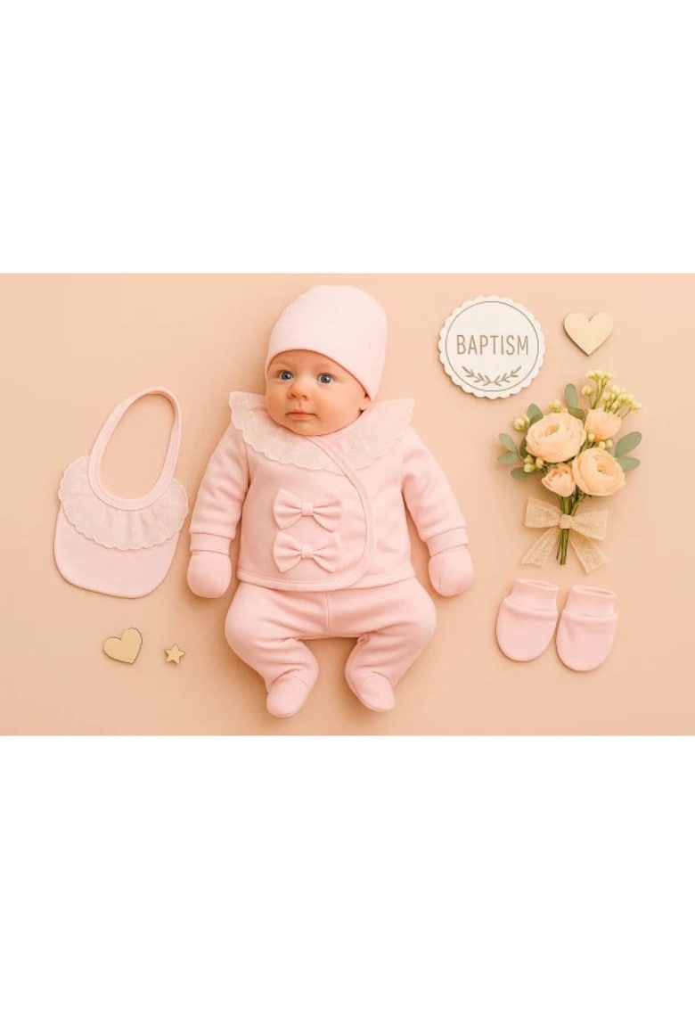 Set fetite 5 piese roz pal cu dantela – bluza - pantaloni - bavetica - caciulita si manusi – 0-3 luni - Roz