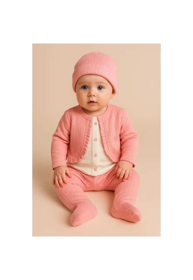 Set fetite 3 piese roz - bluza cu bolero cusut - pantaloni si caciulita - 0-3 luni