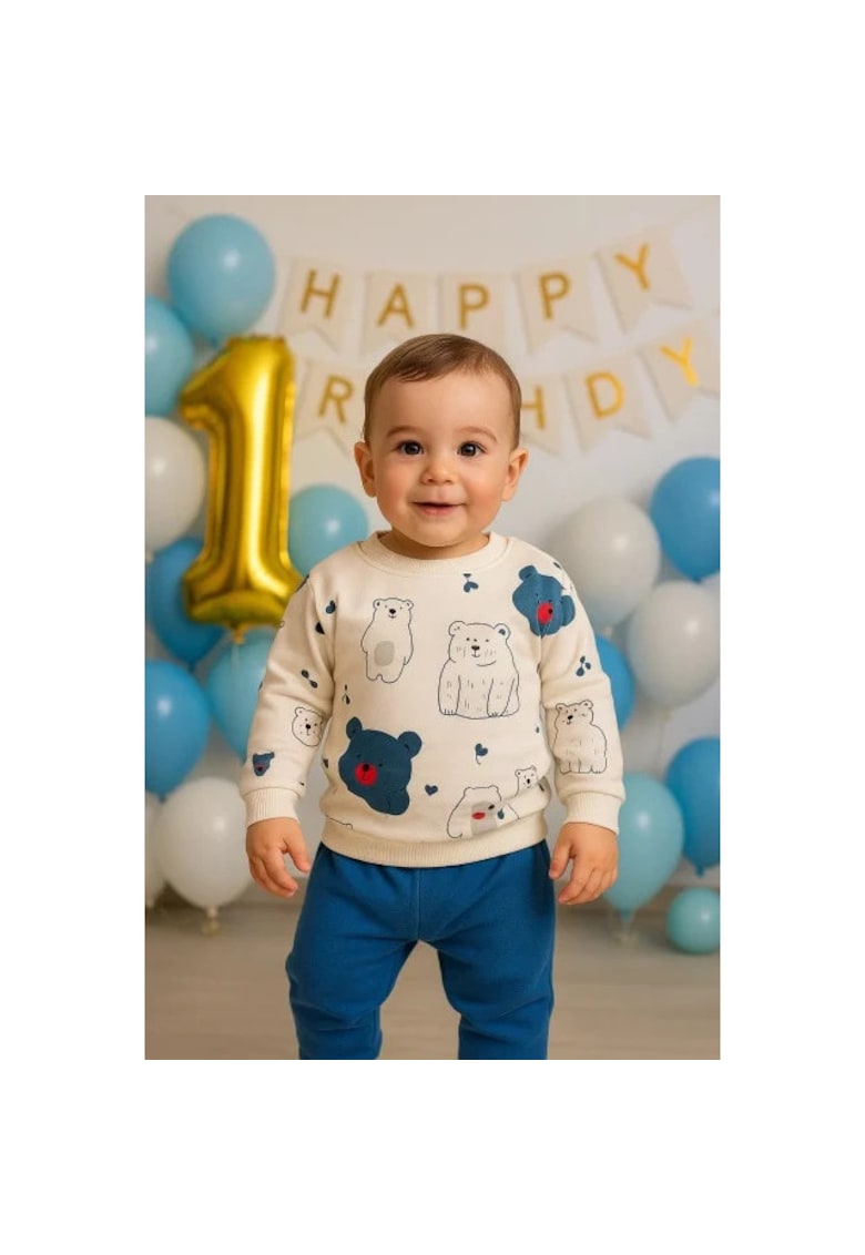 Set bluzita si pantaloni din bumbac cu ursuleti imprimati
