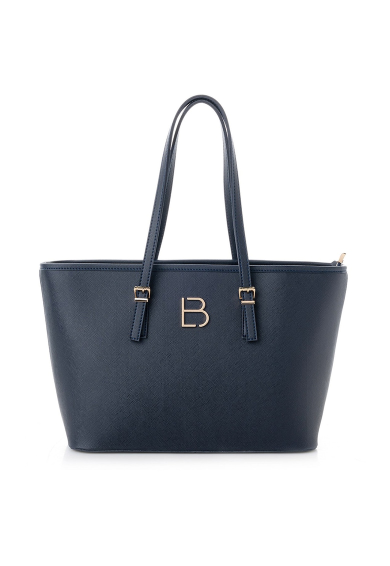 Geanta shopper din piele ecologică cu logo metalic - Bleumarin - 25x42x15