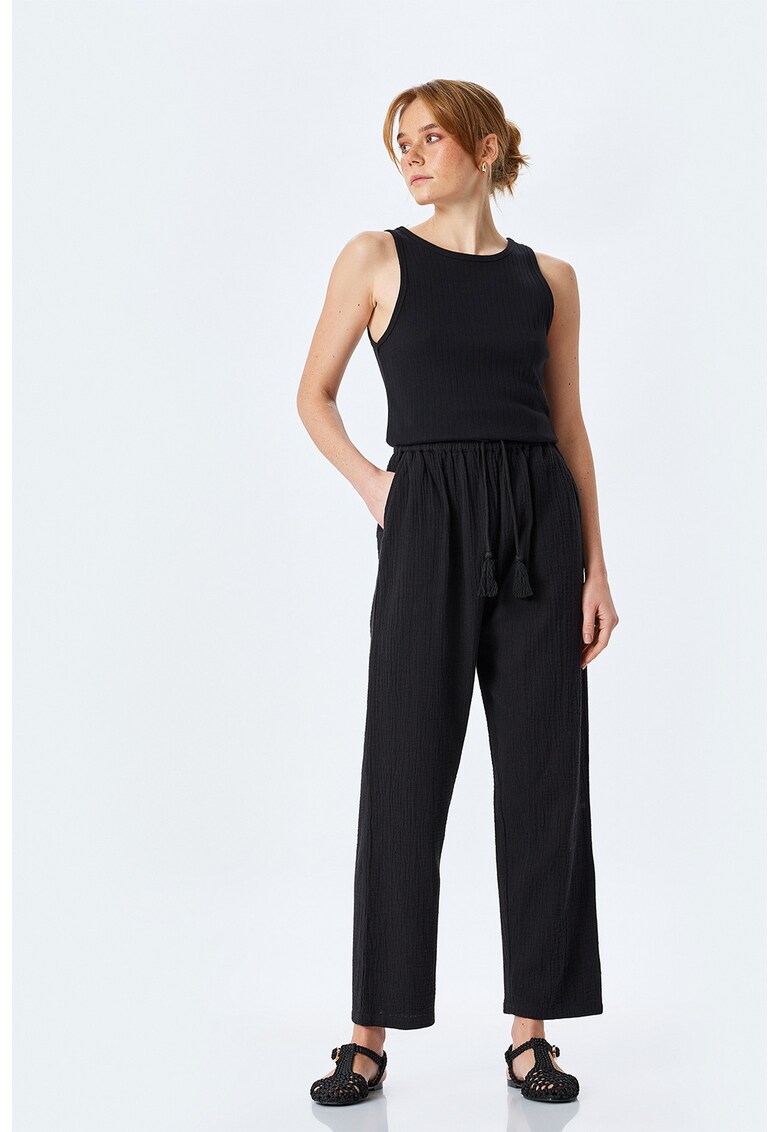 Pantaloni din bumbac cu snur de ajustare in talie - Negru