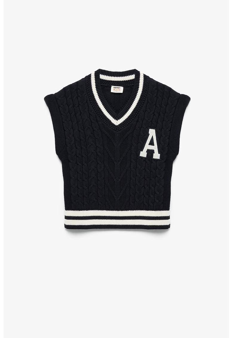 Vesta tricotata cu decolteu in V si model cu aplicatie - Alb/Albastru ultramarin