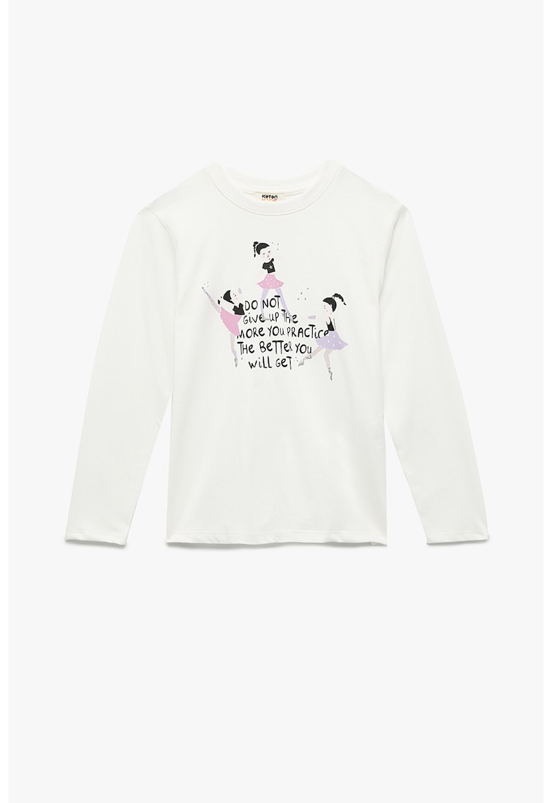 Bluza cu decolteu la baza gatului si imprimeu text - Alb murdar/Roz/Negru