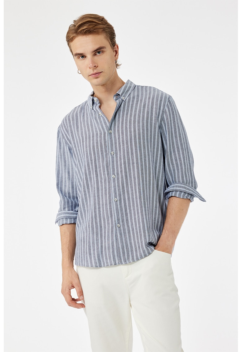 Camasa regular fit cu dungi si guler fixat cu nasturi - Albastru pastel/Albastru inchis