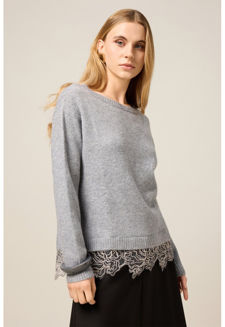 Pulover tricotat cu decolteu barcuta - Gri deschis