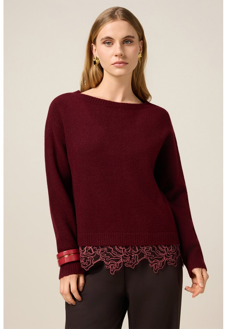 Pulover tricotat cu decolteu barcuta - Visiniu