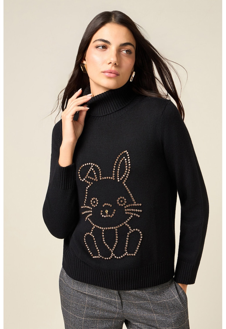 Pulover cu guler inalt si strasuri - Negru