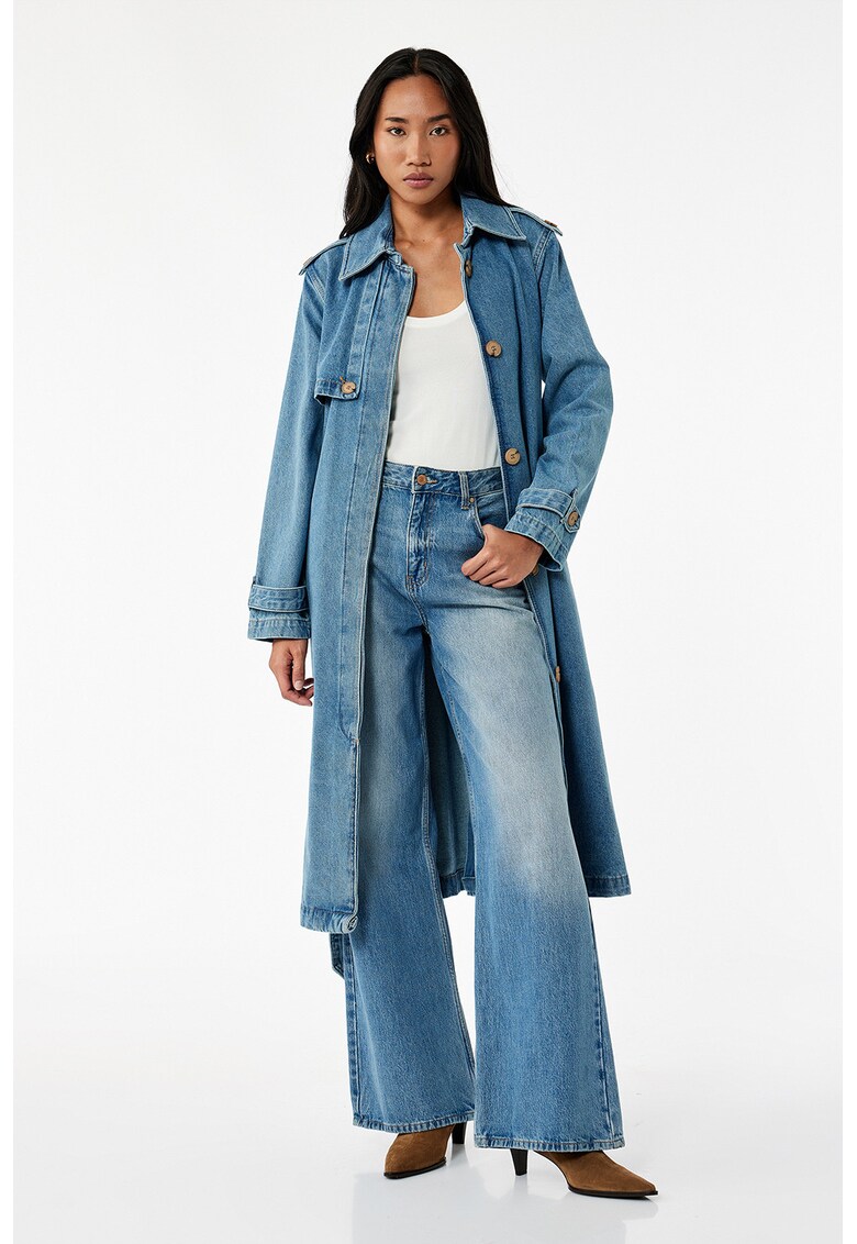 Jacheta lunga din denim cu cordon in talie - Albastru melange