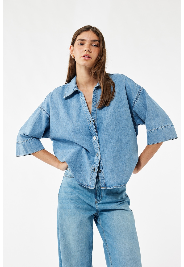 Camasa lejera din material chambray cu maneci trei sferturi - Albastru melange