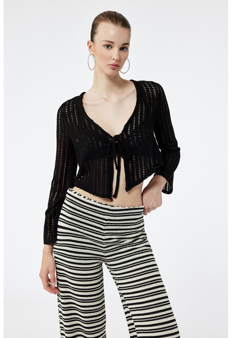 Cardigan crop cu design cu perforatii - Negru
