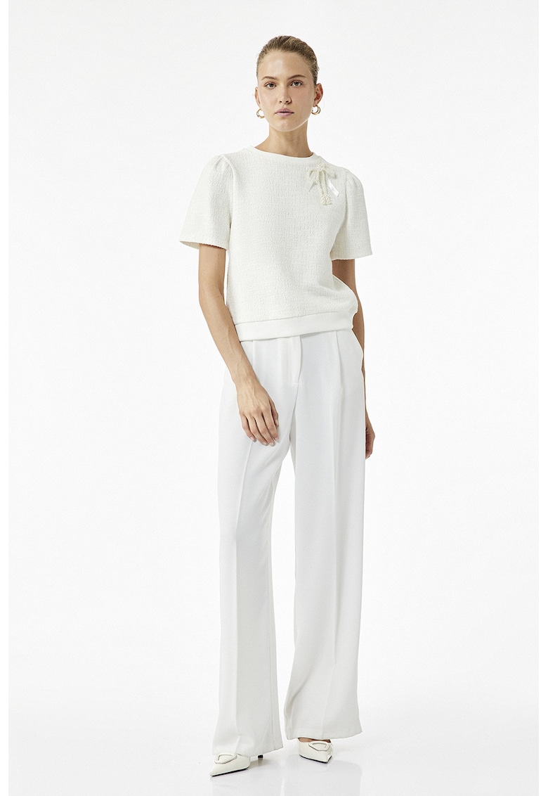 Tricou cu detaliu funda cu perle sintetice - Alb fildes