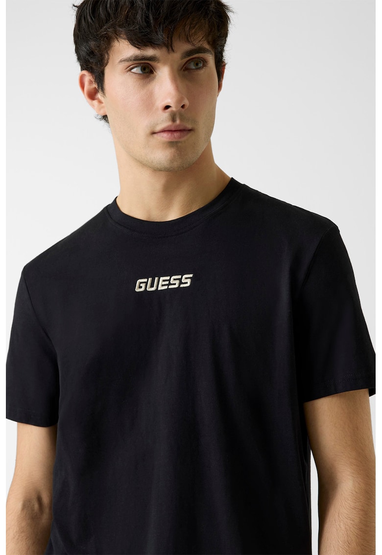 Tricou cu decolteu rotund si logo pentru fitness - Alb fildes/Negru