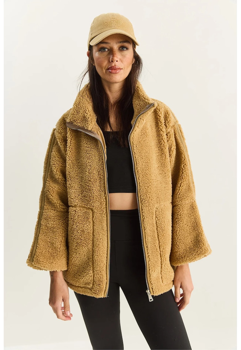 Geaca de dama - supradimensionata - cu buzunare - maro - textil -