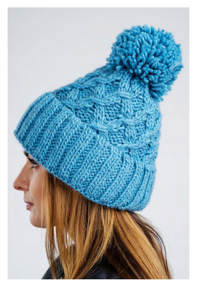 Caciula Dama Din Lana - Cz08 - Marime Unica - Compozitie 30% Lana - 10% Viscoza - 60% Poliacril - Cu Pompon - Uni - De Inalta Calitate - De Inalta Calitate - Albastru