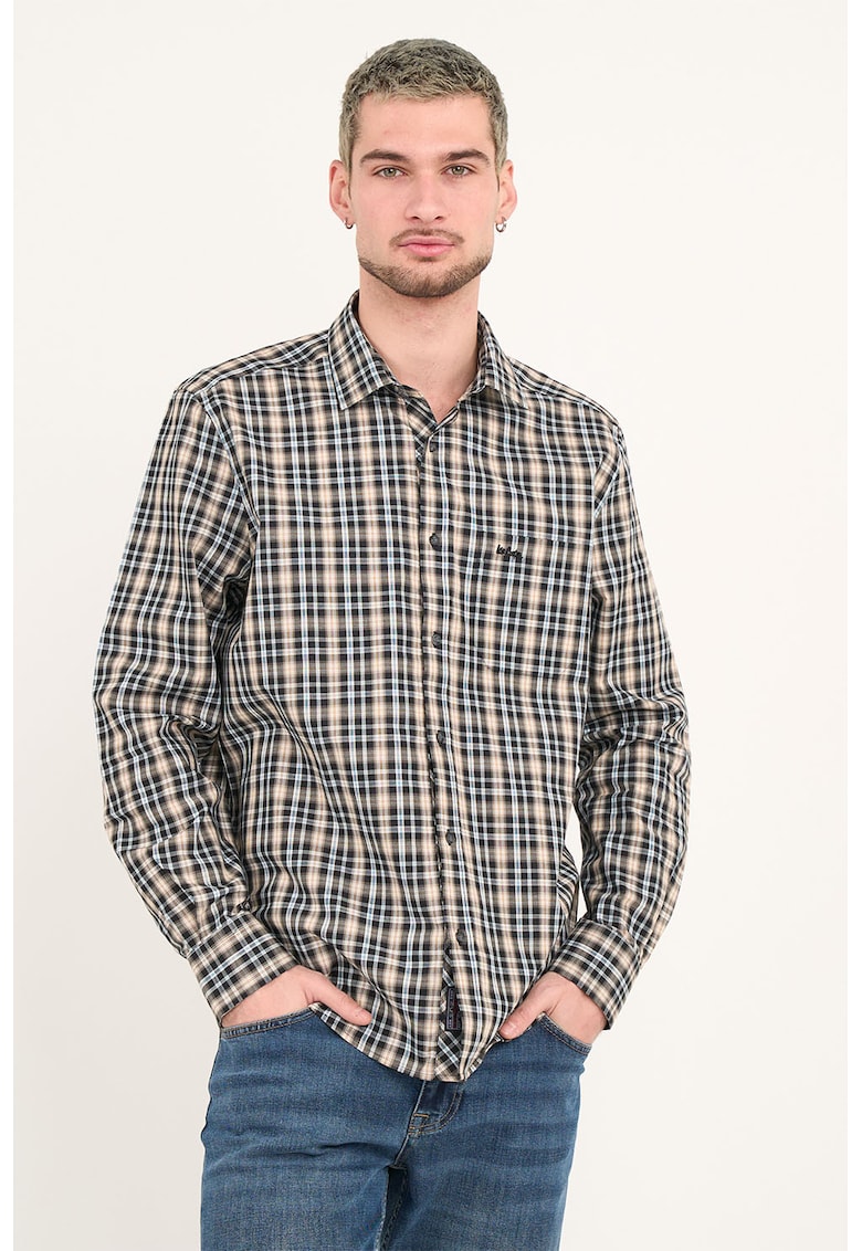 Camasa de bumbac in carouri cu logo discret - brodat - Maro/Albastru