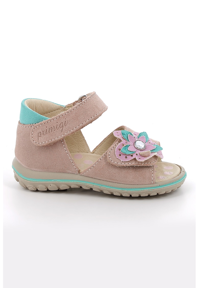 Sandale din piele intoarsa cu inchidere velcro si aplicatie cu model floral - Roz pastel/Roz prafuit/Verde persan
