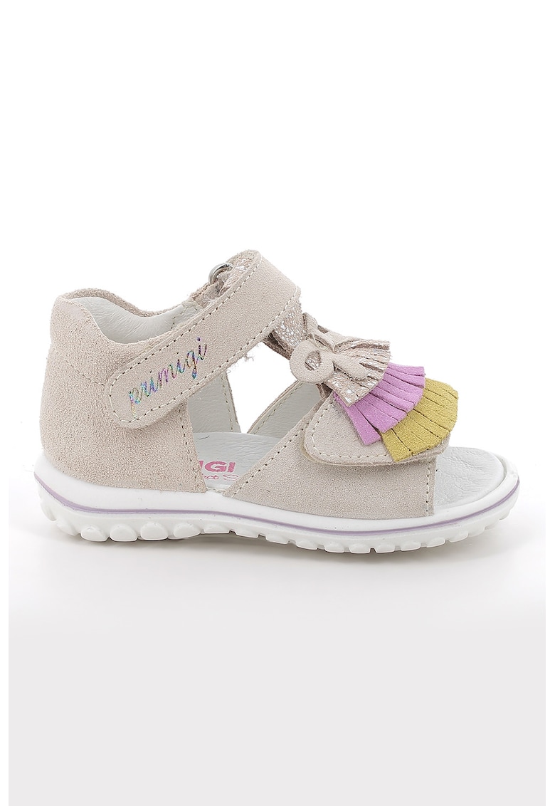 Sandale din piele intoarsa cu inchidere velcro si canaf - Galben/Maro taupe deschis/Roz