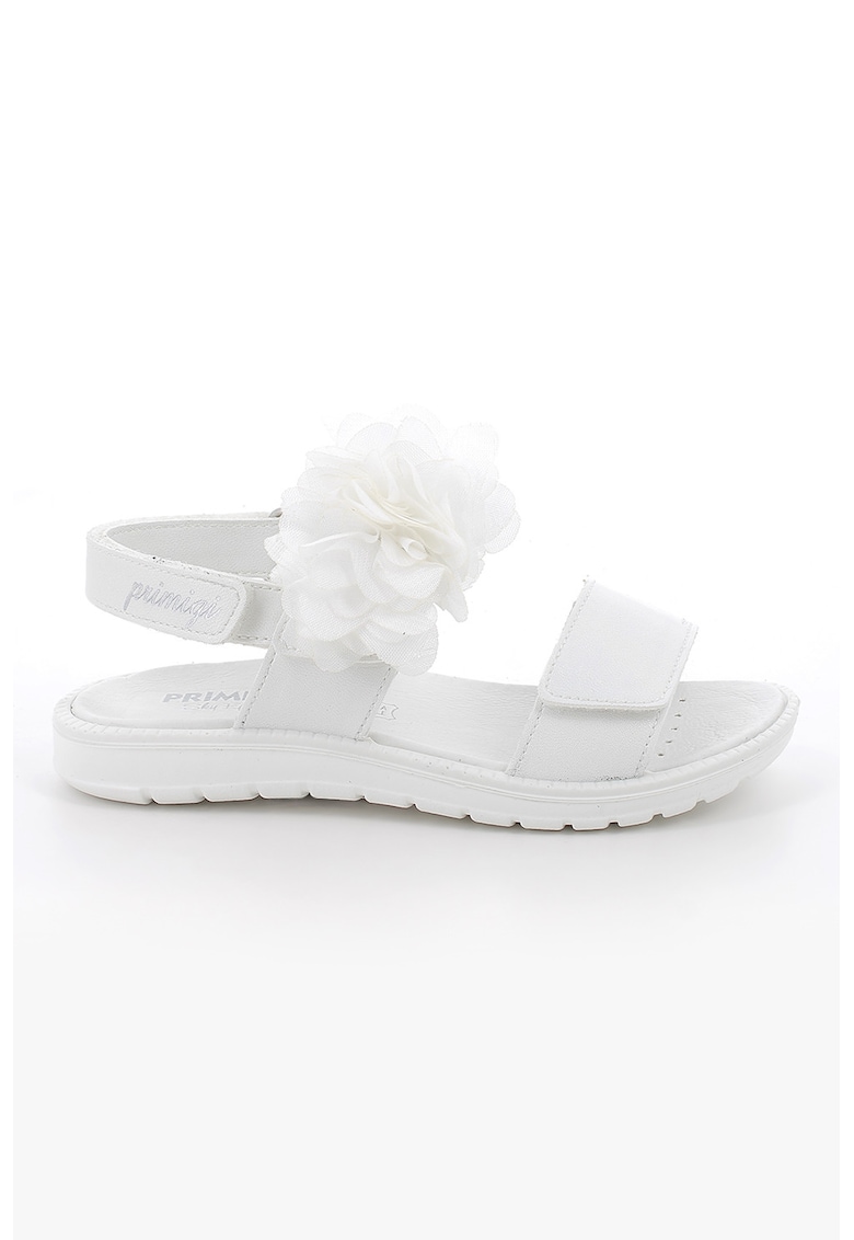 Sandale cu inchidere velcro si floare din tul - Alb optic