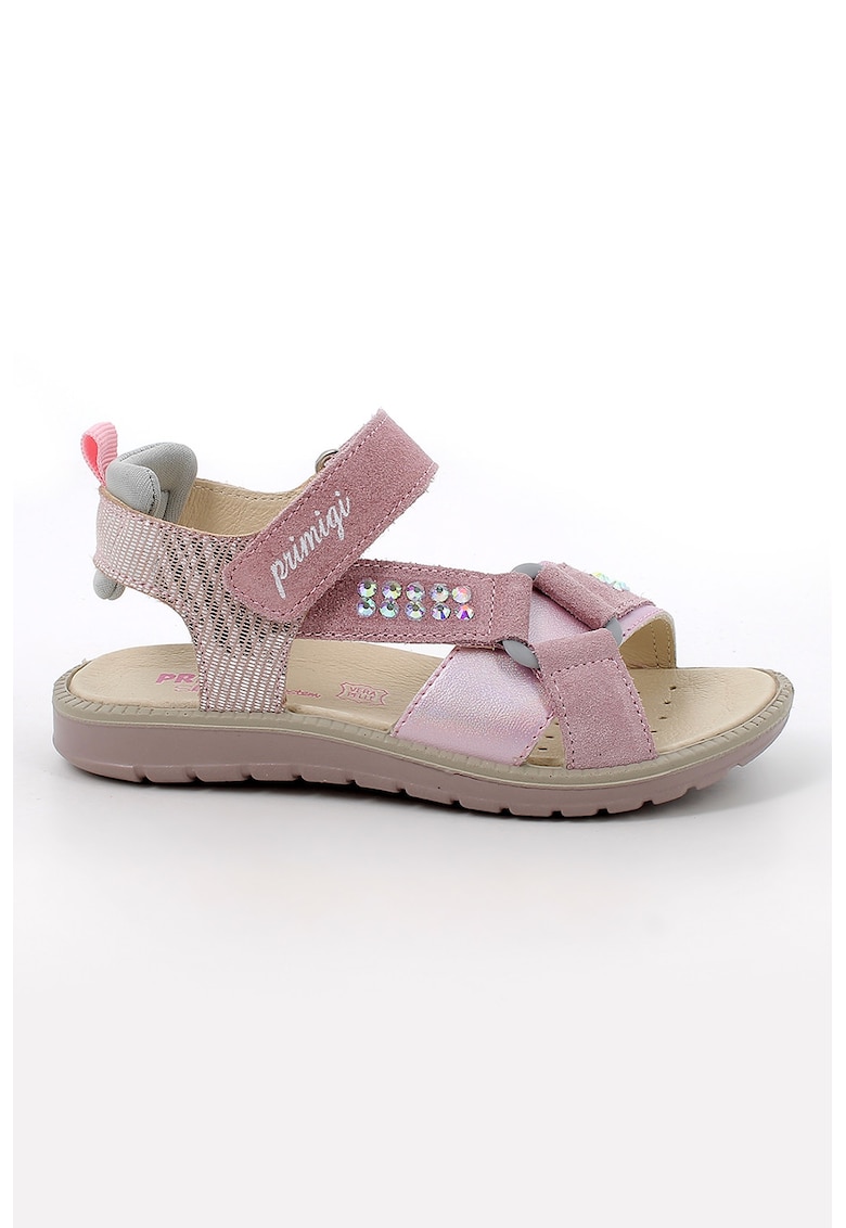 Sandale din piele intoarsa si material textil cu inchidere velcro - Roz pastel/Argintiu/Roz prafuit