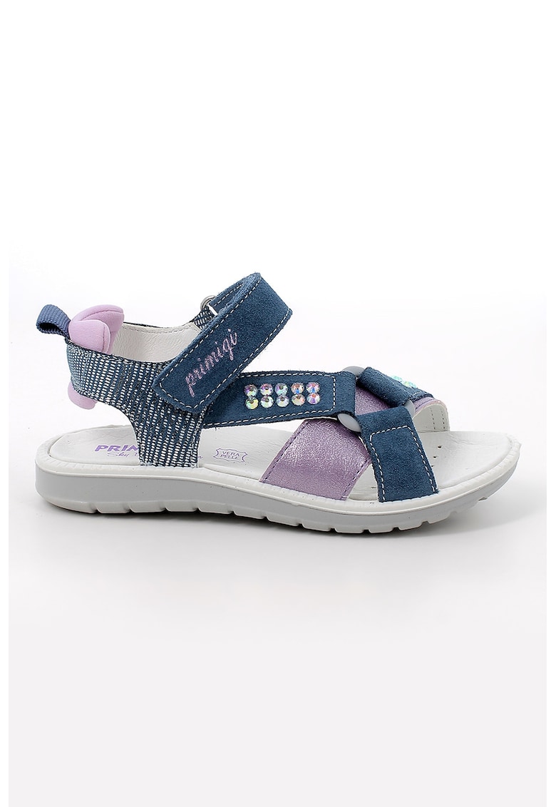 Sandale din piele intoarsa si material textil cu inchidere velcro - Albastru inchis/Lila