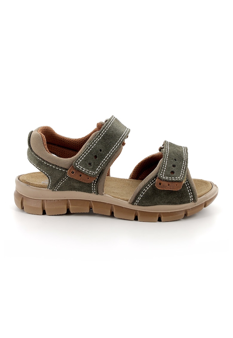 Sandale din piele intoarsa si material textil cu inchidere velcro - Maro taupe deschis/Kaki inchis