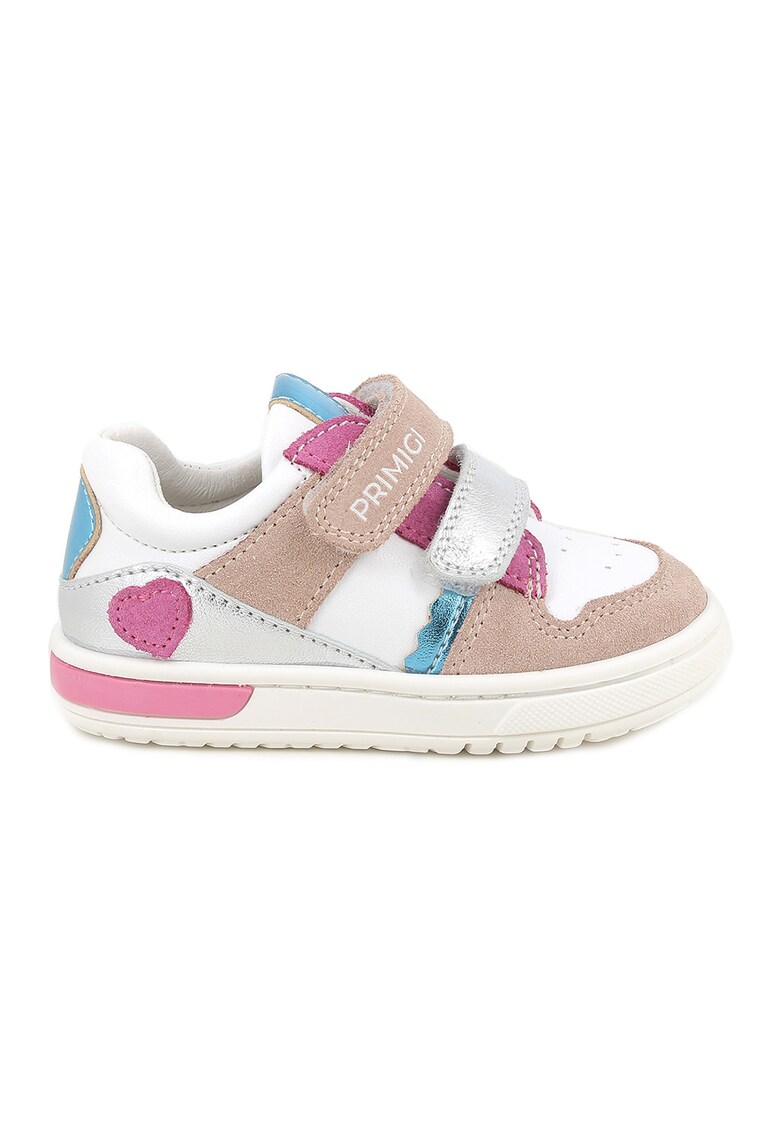 Pantofi sport cu garnituri din piele si segment dublu cu inchidere velcro - Alb/Roz/Albastru deschis