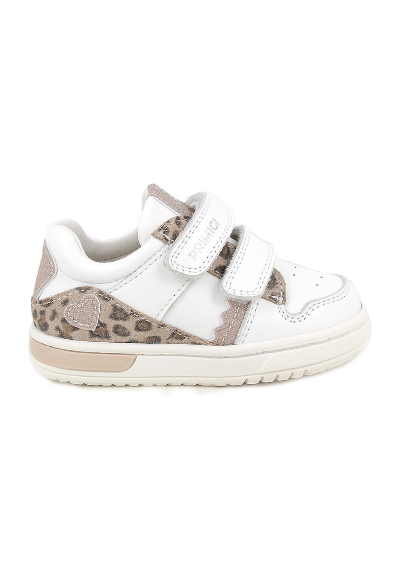 Pantofi sport din piele si piele intoarsa cu segment dublu cu inchidere velcro - Alb/Maro nisip