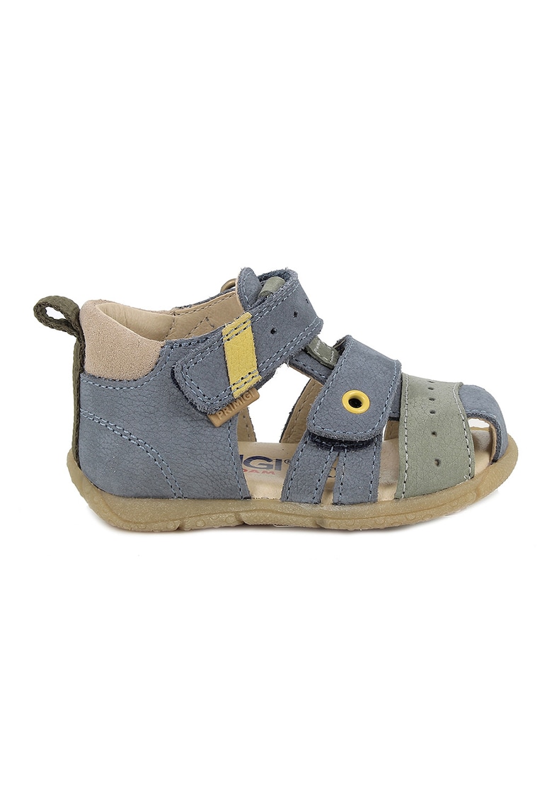 Sandale din piele intoarsa cu inchidere velcro - Albastru prafuit/Galben pai/Verde sparanghel