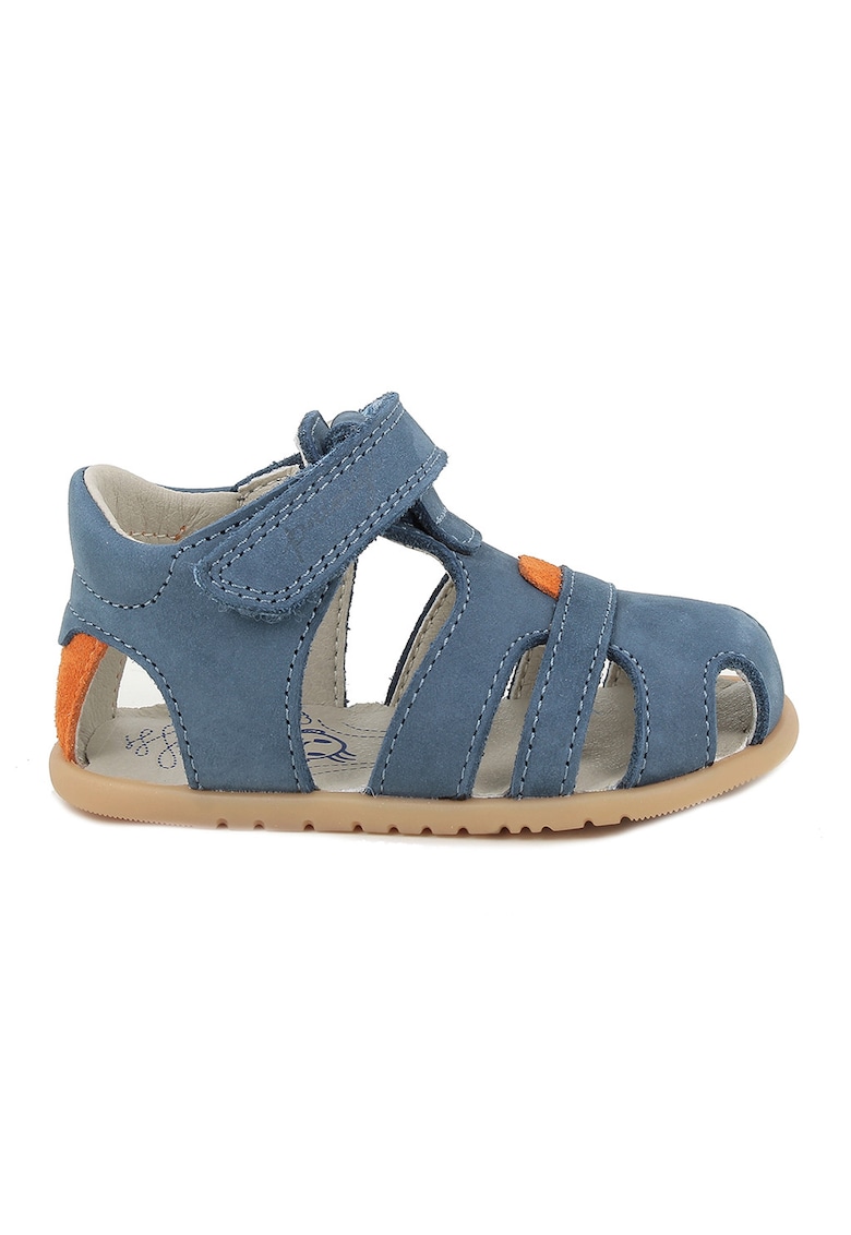 Sandale cu talpa plata si inchidere velcro - Albastru prafuit/Portocaliu mandarina