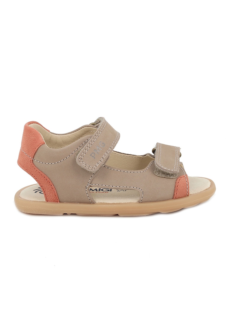 Sandale din piele intoarsa cu inchidere velcro - Maro nisip/Rosu stins