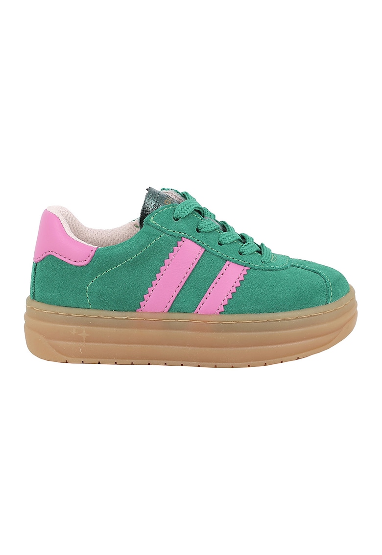 Pantofi sport din piele intoarsa cu talpa flatform si garnituri din piele ecologica - Roz deschis/Verde aquamarin