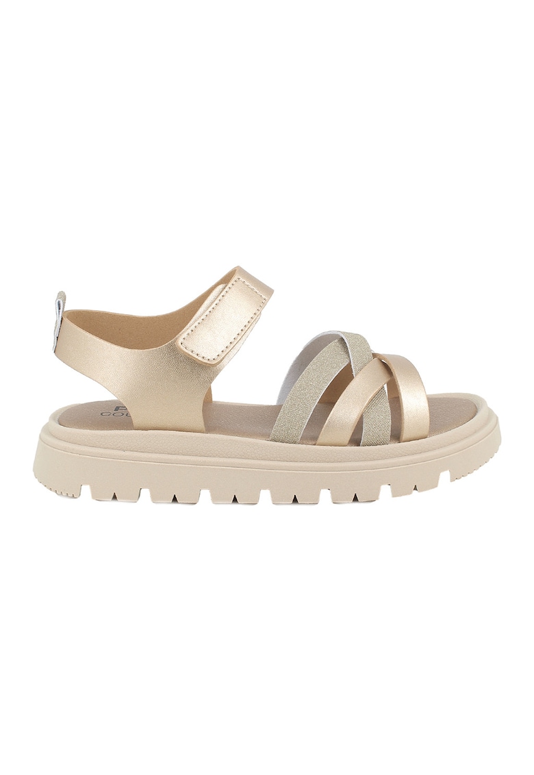 Sandale din piele ecologica cu detalii stralucitoare si talpa flatform - Auriu