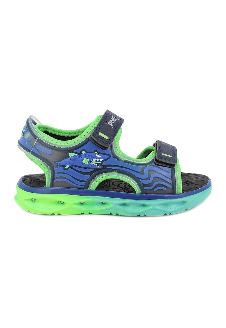 Pantofi sport din piele ecologica cu lumini LED pe talpa - Negru/Albastru royal/Verde lime