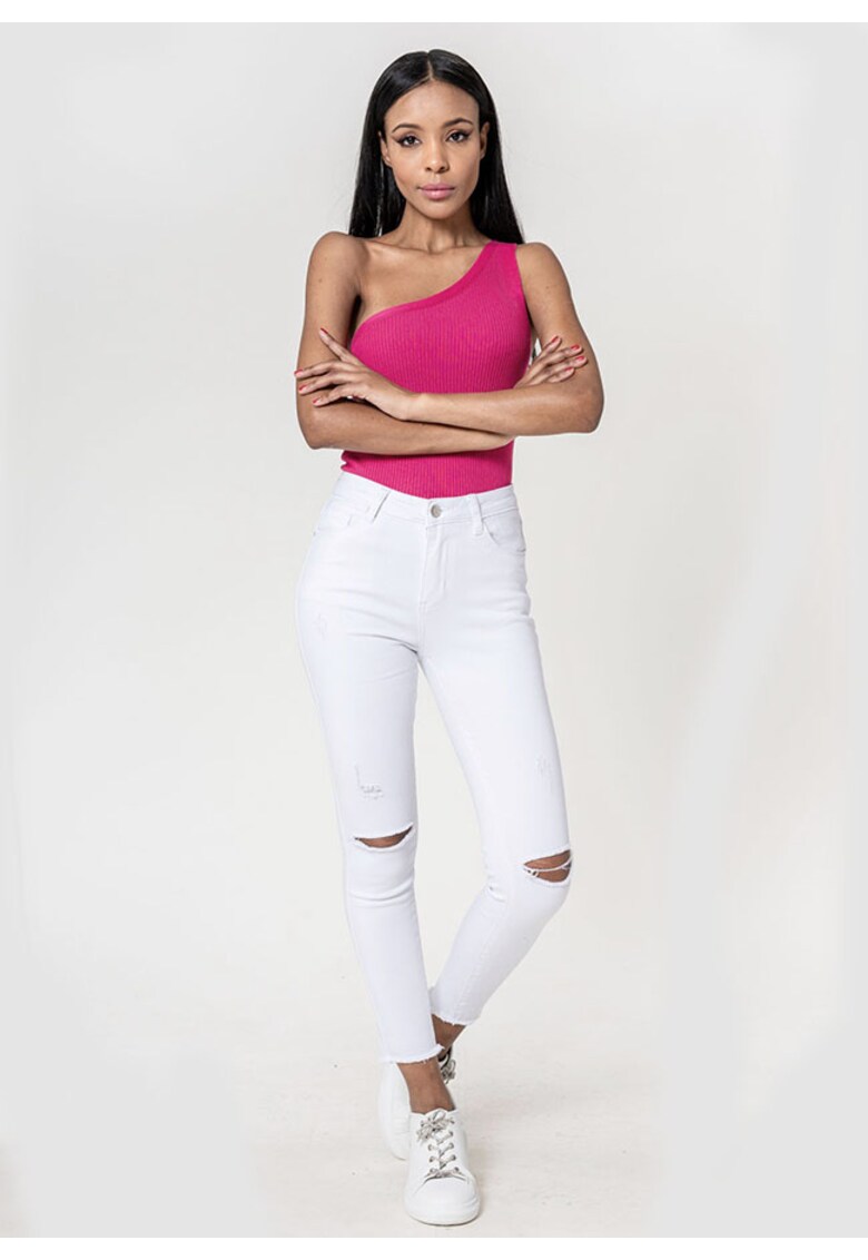 Blugi slim dama cu detalii rupte - Albi P501-10 M10 19077