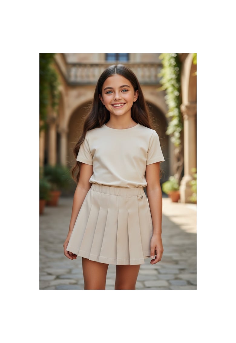 Pantaloni scurti tip fusta pentru fete din twill elastic cu efect peach - Bej deschis