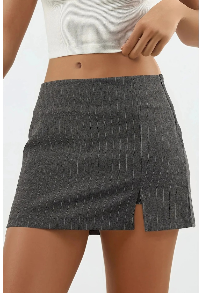 Fusta mini - cu dungi - detaliu slit - gri inchis - bumbac