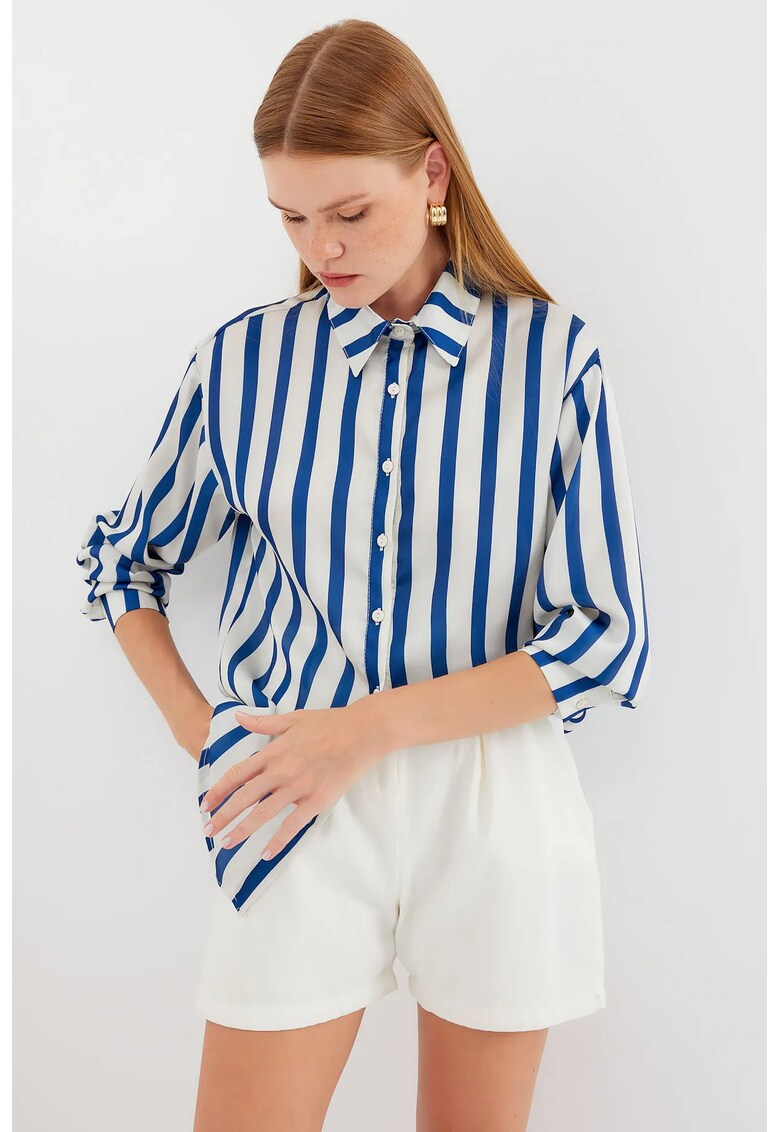 Camasa dama satin - maneca lunga - bleumarin/alb