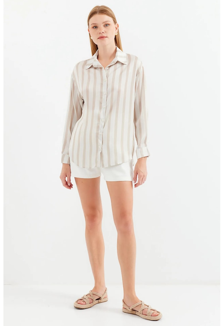 Camasa dama - satin - maneca lunga - bej/alb