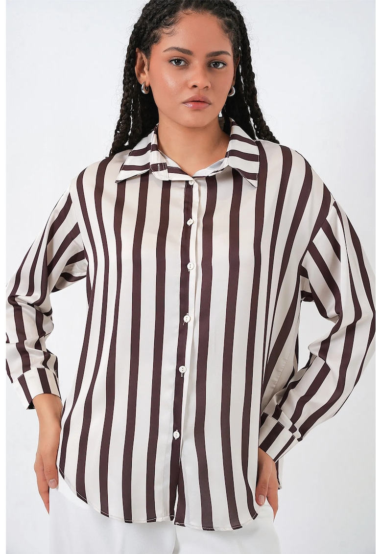 Camasa dama - satin - maneca lunga - maro cafeniu/alb