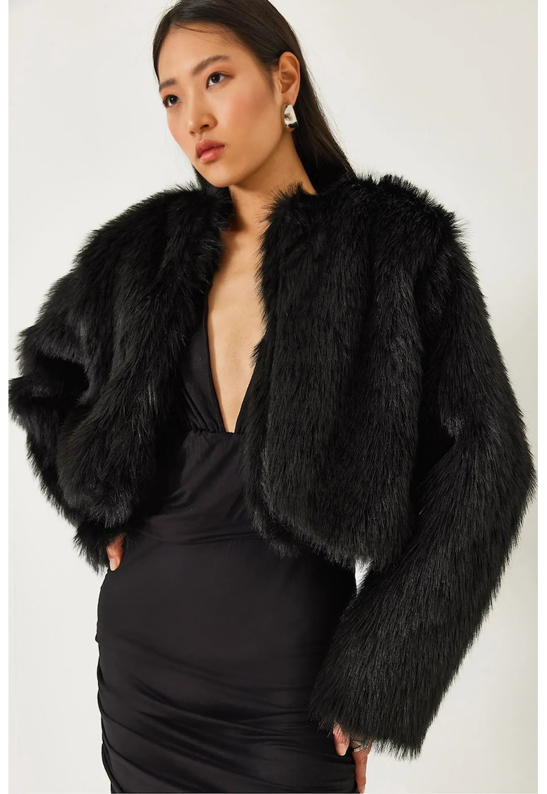 Palton scurt dama - blana artificiala - Negru