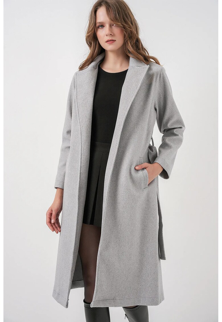Palton dama texturat - inchidere dubla - gri - textil