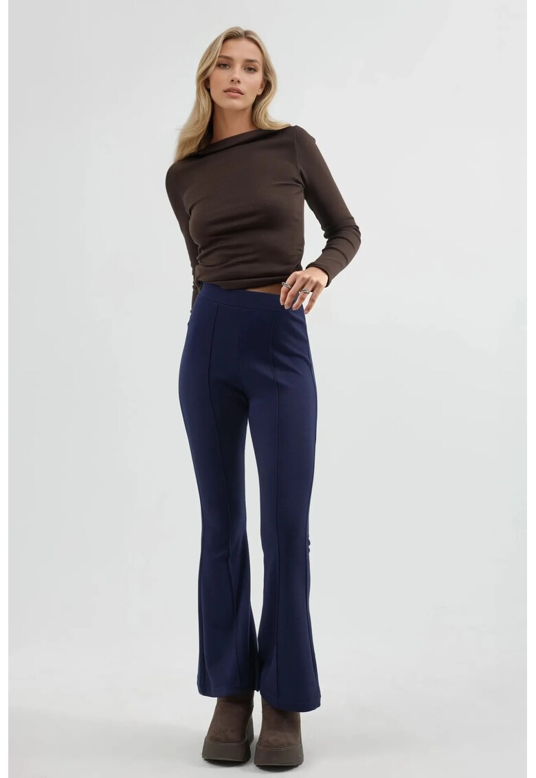 Pantaloni dama - evazati - talie inalta - bleumarin - textil