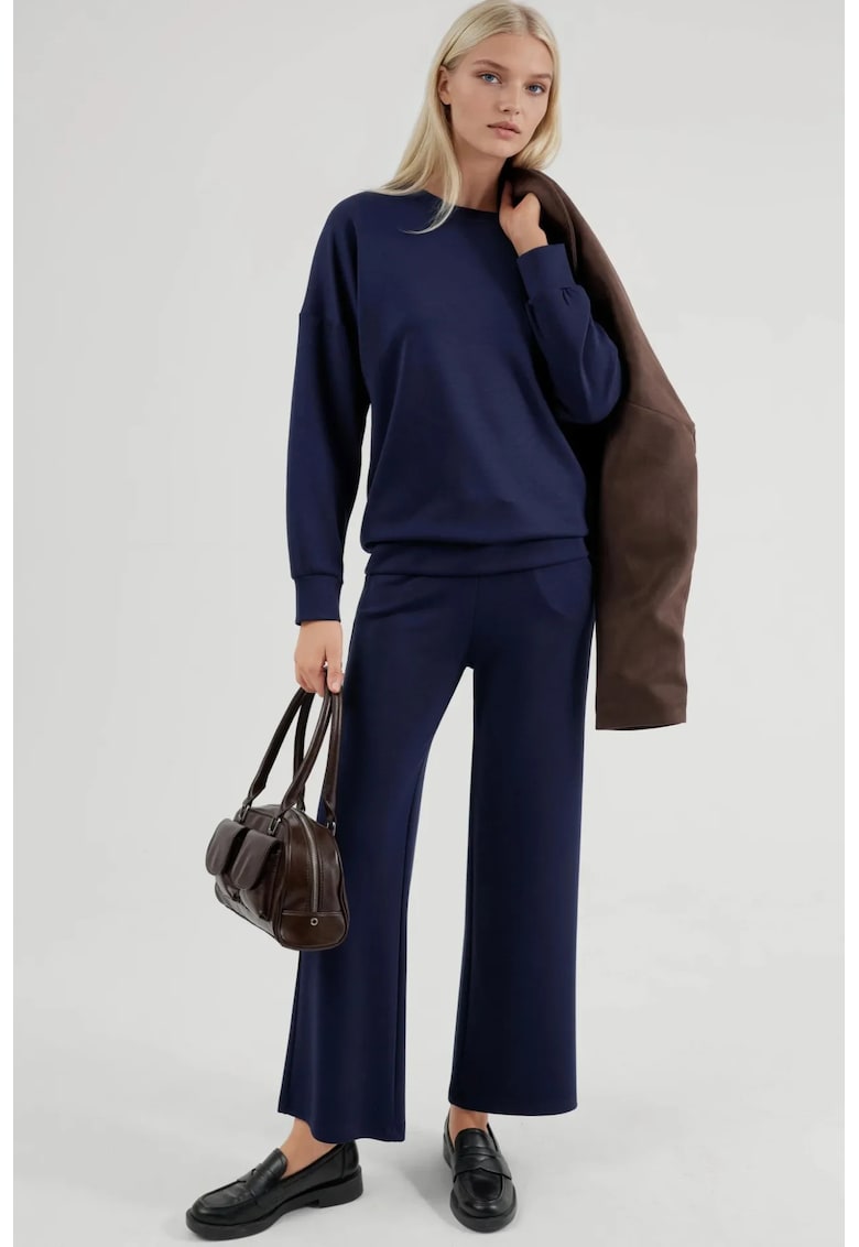 Set din doua piese - hanorac cu guler rotund si pantaloni largi - bleumarin - tesatura moale