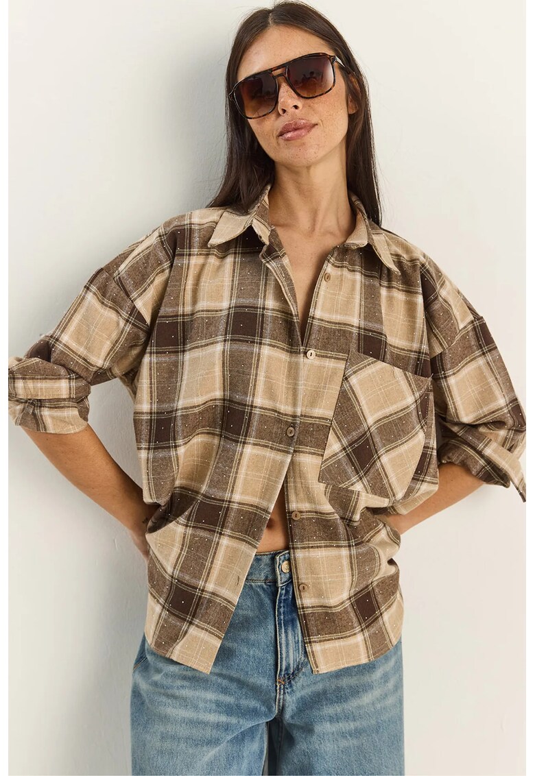 Camasa dama - supradimensionata - cu maneca lunga - carouri - textil - maro