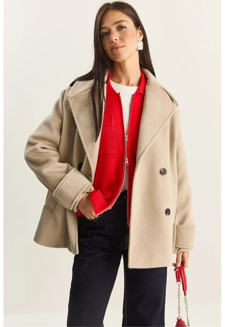 Palton dama - oversized - cu buzunare - bej natural - bumbac