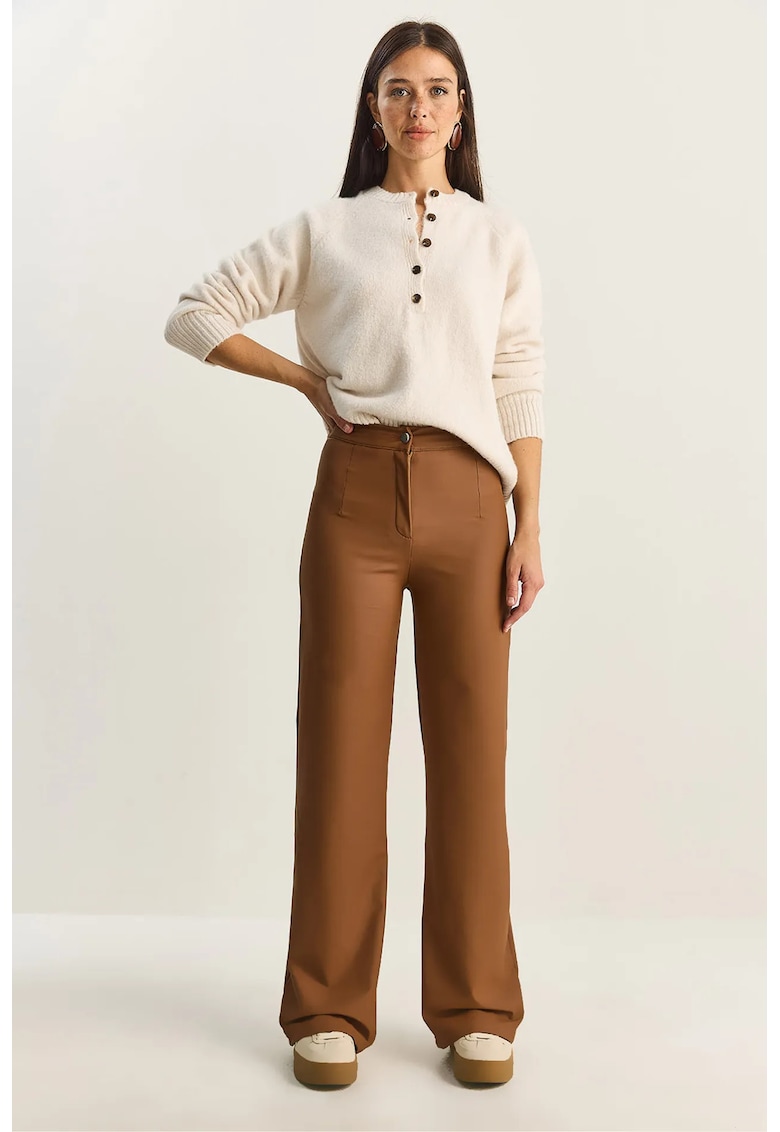 Pantaloni dama - Lucci - talie inalta - maro camel - imitatie de piele - Maro deschis