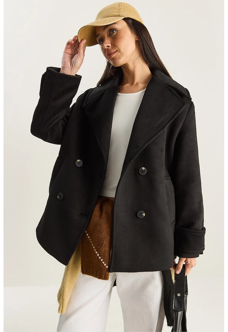 Palton dama - LUCCI - oversized - cu buzunare - negru - bumbac