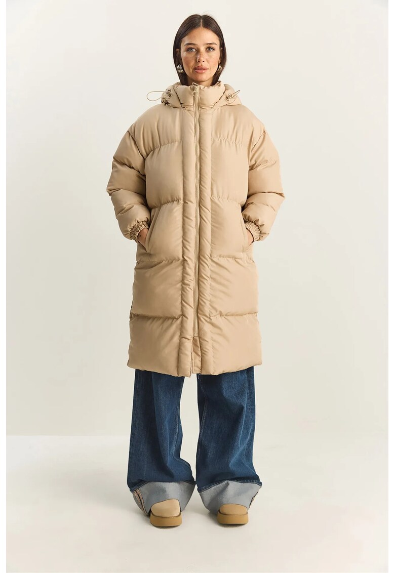 Geaca lunga pentru dama - cu gluga - maneci lungi - bej - textil